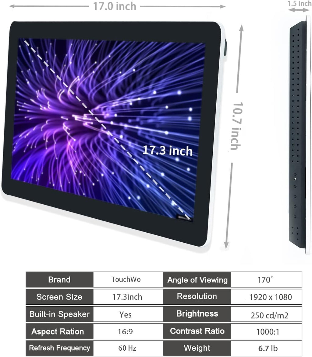 17.3 inch Capacitive Multi-Touch Screen Industrial Monitor, 16:9 Display 1920 x 1080P, Built-in Speakers, VGA & HD-MI Monitor for PC, POS, Small Business, Restaurant, Bar