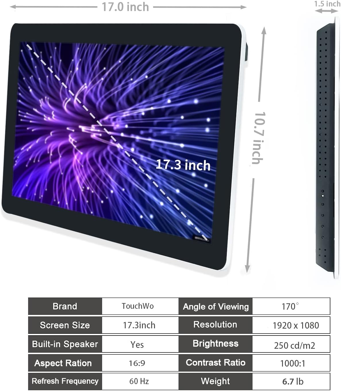 17.3 inch Capacitive Multi-Touch Screen Industrial Monitor, 16:9 Display 1920 x 1080P, Built-in Speakers, VGA & HD-MI Monitor for PC, POS, Small Business, Restaurant, Bar
