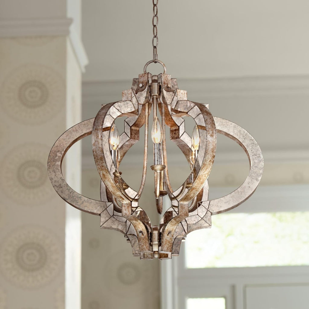 LED Pendant Lamp Euro Design Ornament Aged Silver Gold Bronze Chandelier 23 1/4' Wide Industrial 6-Light Fixture Compatible with Dining Room Foyer,Hallway