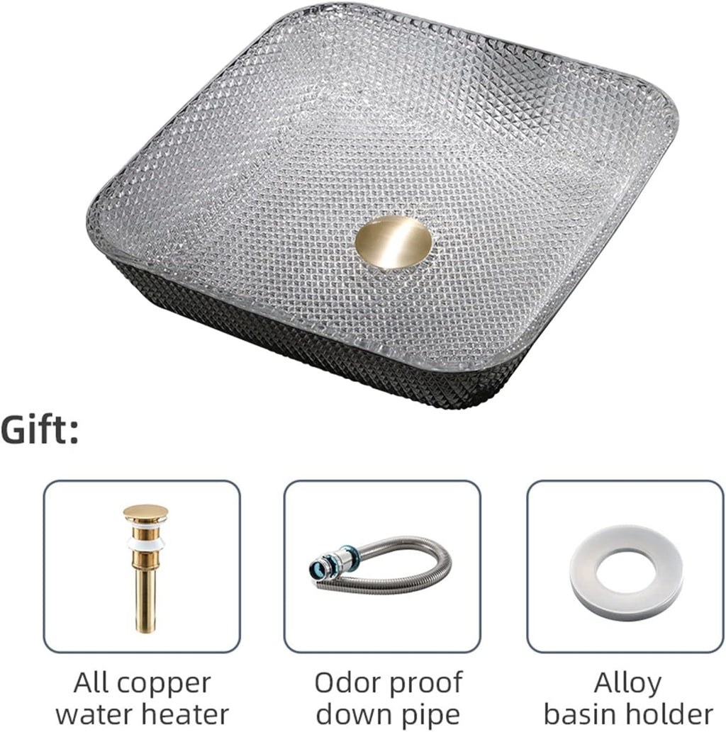Bathroom Vessel Sink Crystal Glass Vessel Bowl Sink Square Vessel Sink Art Basin Counter Top Installation Bathroom Vanity Sinks with Brass Pop Up Drain-Gold (Silver)