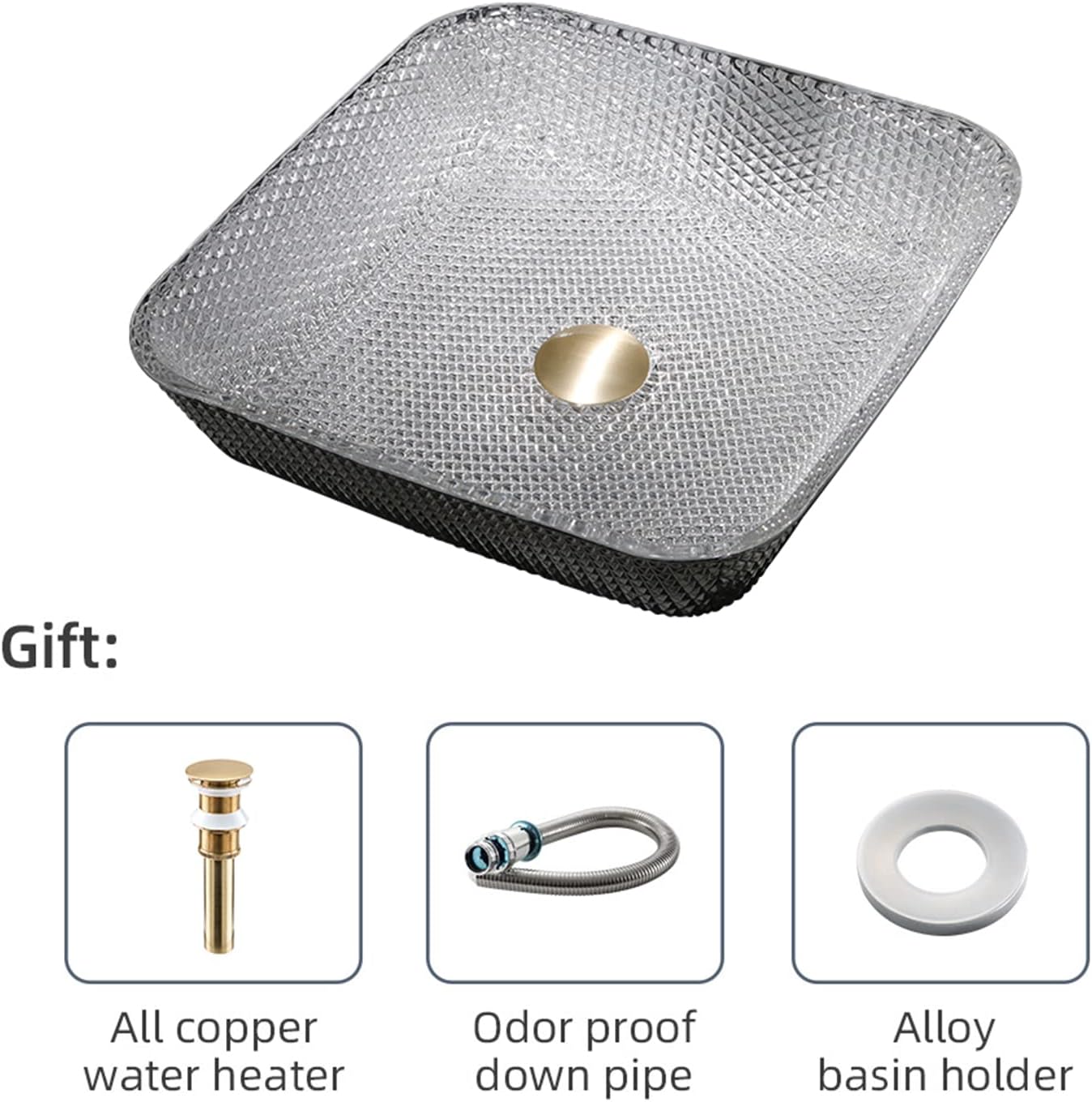 Bathroom Vessel Sink Crystal Glass Vessel Bowl Sink Square Vessel Sink Art Basin Counter Top Installation Bathroom Vanity Sinks with Brass Pop Up Drain-Gold (Silver)