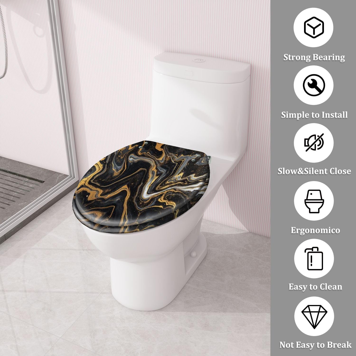 Round Toilet Seat marble ink paper texture black silver gold Resin Toilet Seat Quietly Close Quick Release Hinges Decorative Toilet Seat with Cover Easy to Install