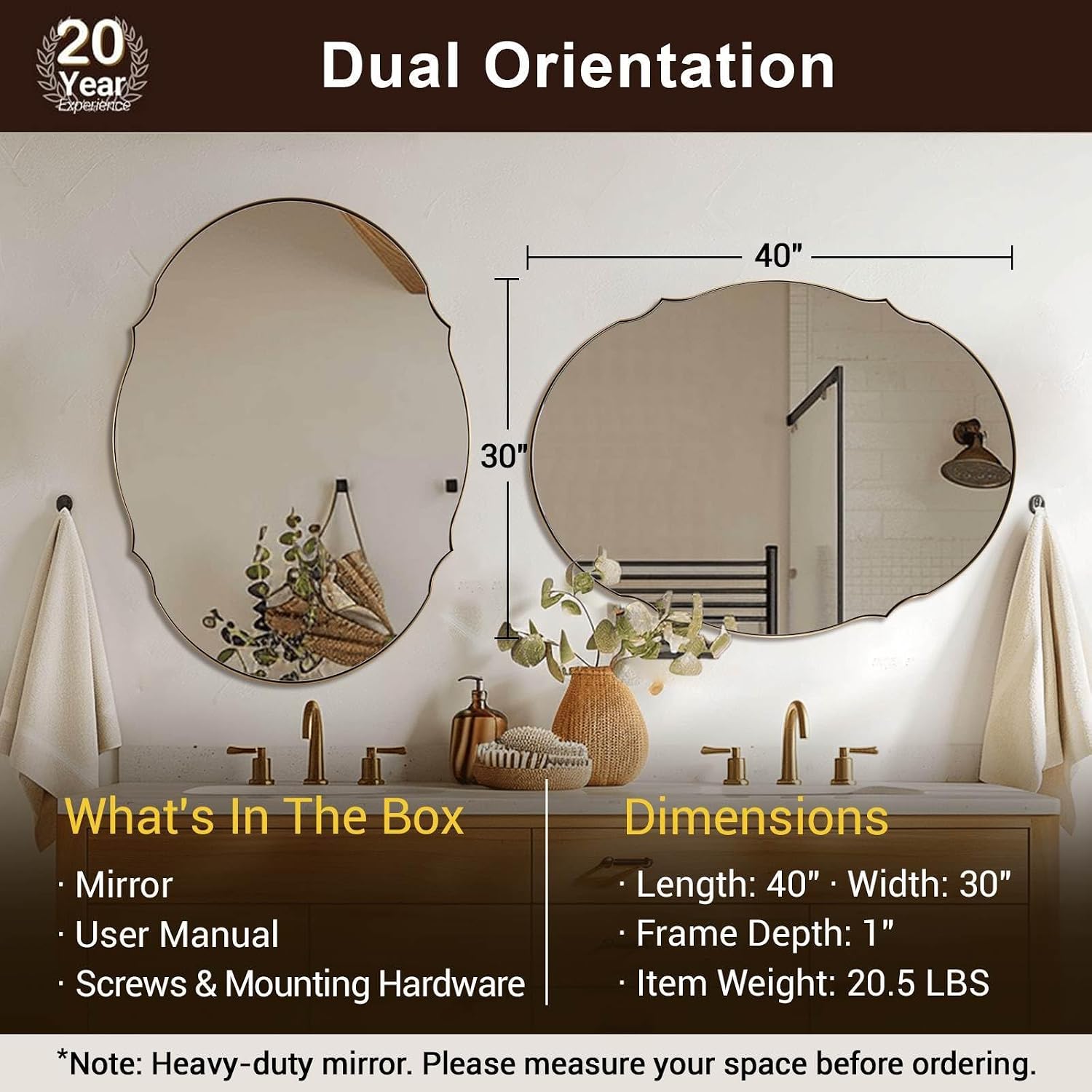 ANDY STAR Large Gold Scalloped Oval Mirror 30x40, Brushed Gold Oval Bathroom Mirror for Wall, Stainless Steel Framed Mirror for Master Vanity, Entryway, Hallway, Rust-Resistant