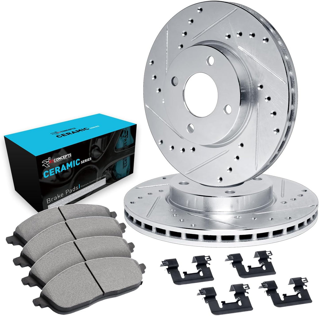 R1 Concepts Front Brake Kit Fits 2011-2019 Ford Fiesta| Ceramic Pads, Drilled Slotted Rotors| Hardware| 10.2' Front