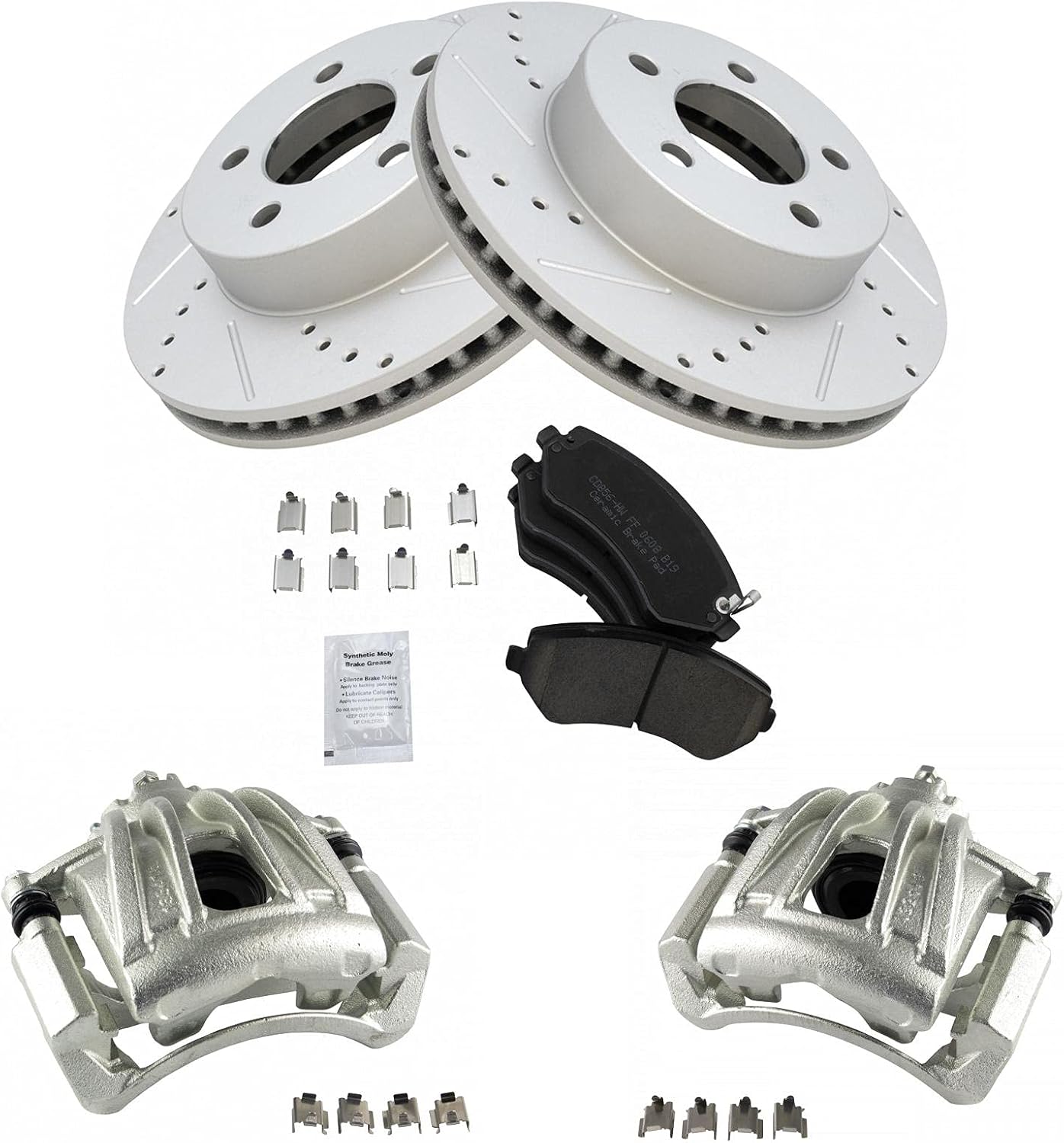 TRQ Performance Front Brake Pad and Rotor Set Ceramic Vented Coated Rotors Calipers Compatible with 2002-2007 Jeep Liberty