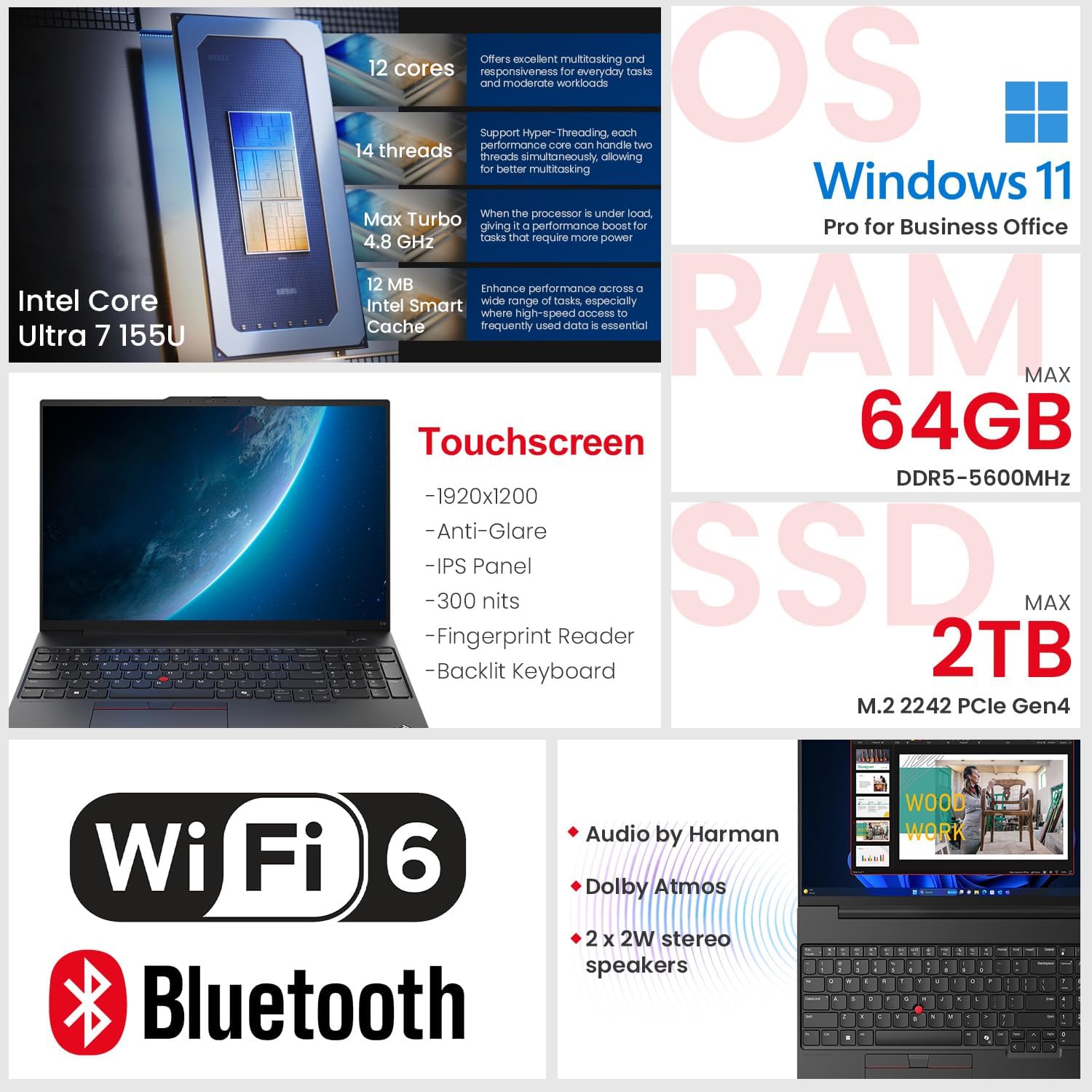 Lenovo ThinkPad E16 Business AI Laptop, 16' FHD+ Touchscreen, Intel Core Ultra 7 155U, 32GB DDR5, 1TB SSD, Fingerprint, Backlit, HDMI, 1080p Webcam, Wi-Fi 6, Windows 11 Pro, Bundle 7-in-1 USB-C Hub