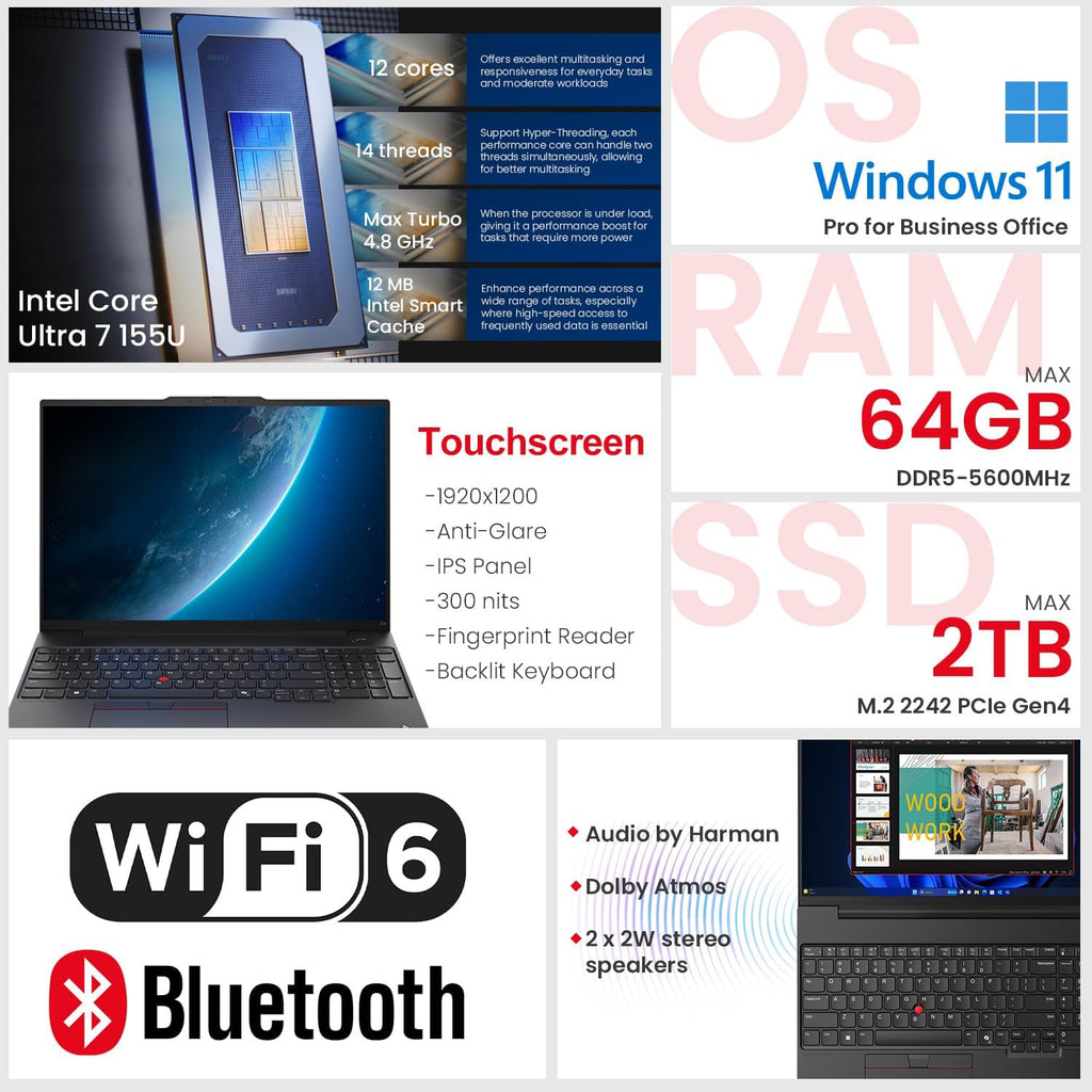 Lenovo ThinkPad E16 Business AI Laptop, 16' FHD+ Touchscreen, Intel Core Ultra 7 155U, 32GB DDR5, 2TB SSD, Fingerprint, Backlit, HDMI, 1080p Webcam, Wi-Fi 6, Windows 11 Pro, Bundle 7-in-1 USB-C Hub