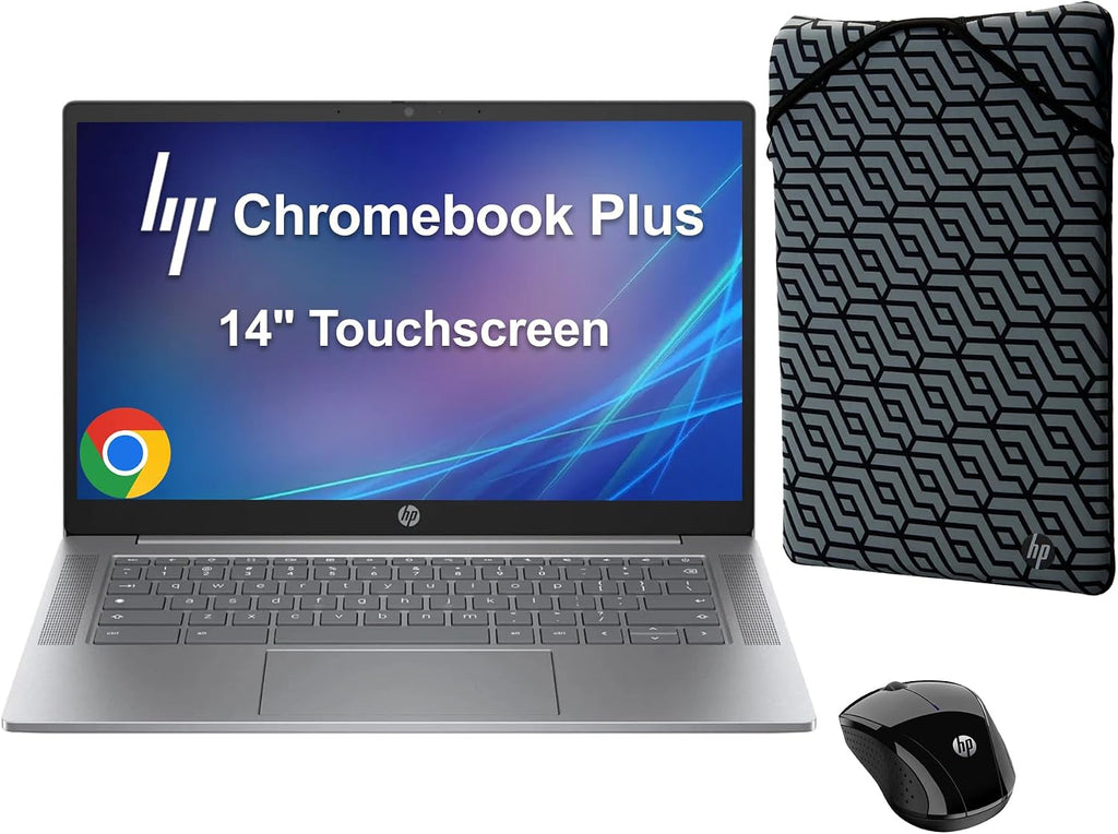 HP Chromebook Plus 14 Laptop (14' FHD Touchscreen, Intel Core i3-N305, 8GB DDR5 RAM, 256GB UFS), 1080p Webcam, Backlit Keyboard, Fast Charge, Wi-Fi 6, Chrome OS w/Wireless Mouse & Protective Sleeve