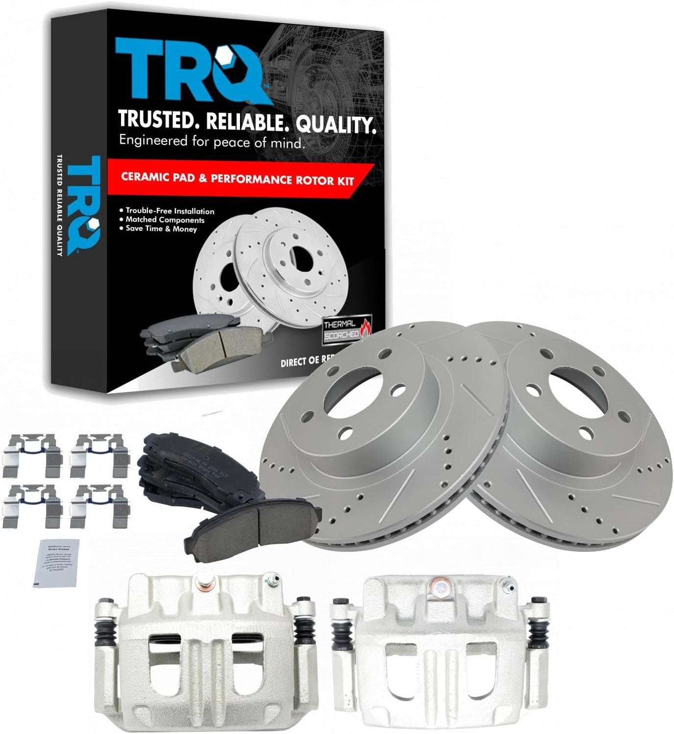 TRQ Performance Front Brake Pad and Rotor Set Ceramic G Coated Slotted Drilled Rotors Calipers Hardware Compatible with 2001-2002 Ford Explorer Sport 2003-2011 Ranger 2003-2009 Mazda B4000
