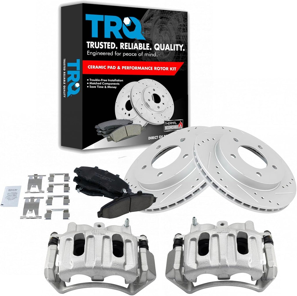 TRQ Performance Front Brake Pad and Rotor Set Ceramic Vented Coated Drilled Slotted Rotors Calipers Compatible with 1999-2003 Ford F-150 2004 F-150 Heritage