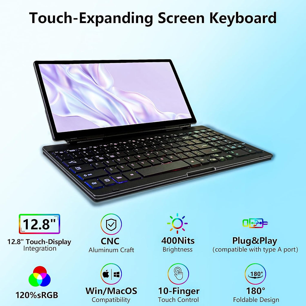 Portable Touchscreen Monitor with Silent Keyboard 12.8-inch Ultra-Slim Stretched Bar Screen Folding FHD 120% sRGB, USB-A/C Compatible Screen for Computers, Laptops, Mini PCs, Console
