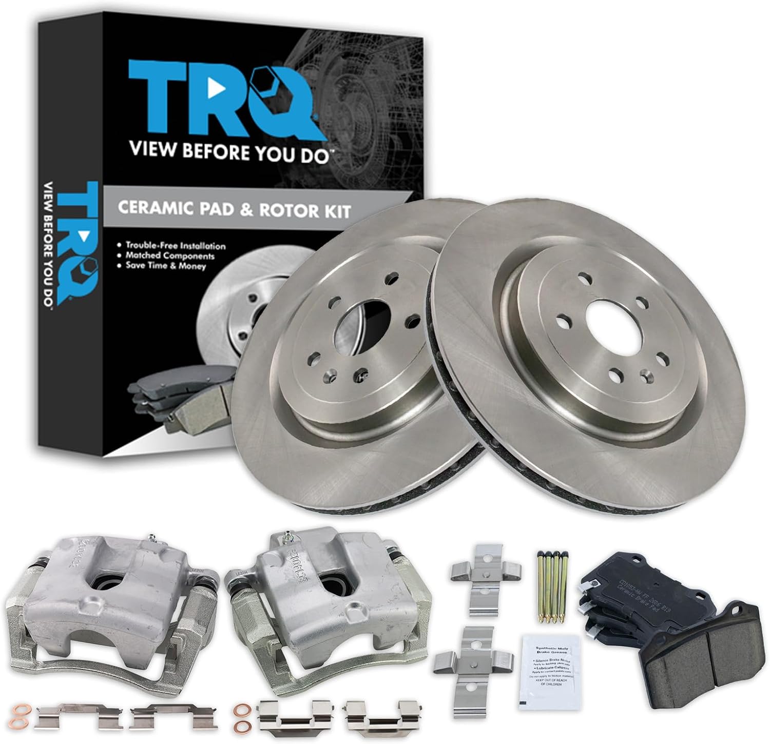 TRQ Rear Brake Pad and Rotor Set Ceramic Vented Rotors Calipers Compatible with 2012-2015 Chevrolet Camaro