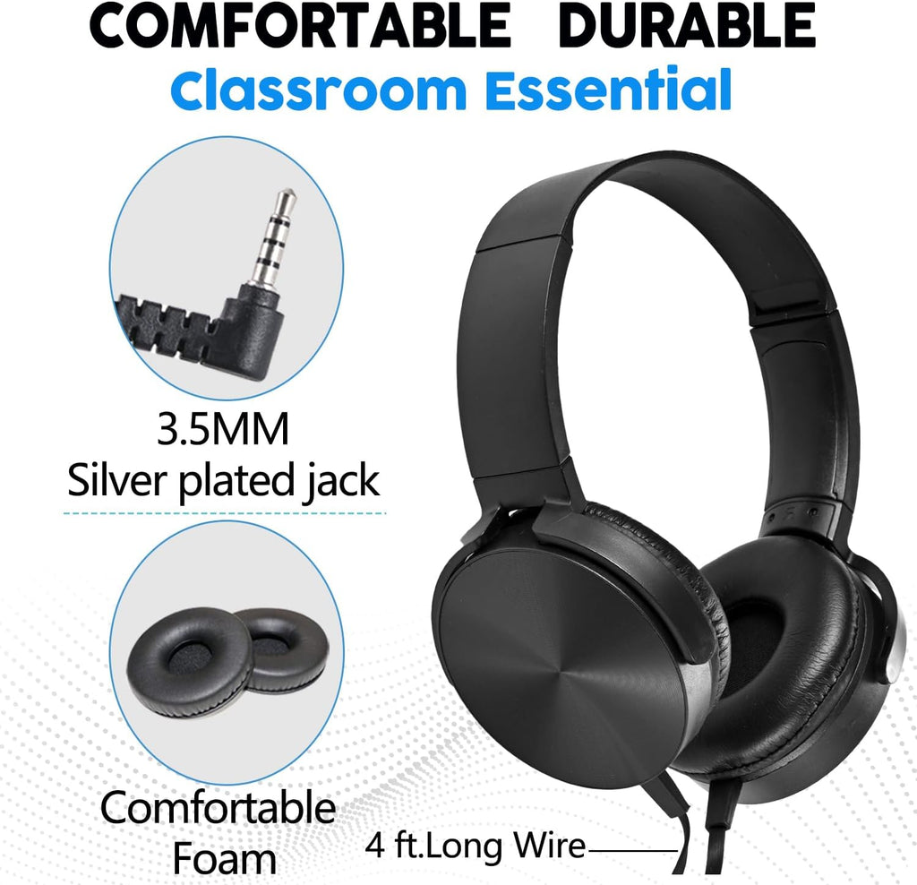 Bulk Headphones for Classroom 24 Pack Durable Wired School Headphones for Kids,Students,Children Toddler Teen Boys Girls and Adult(Black)