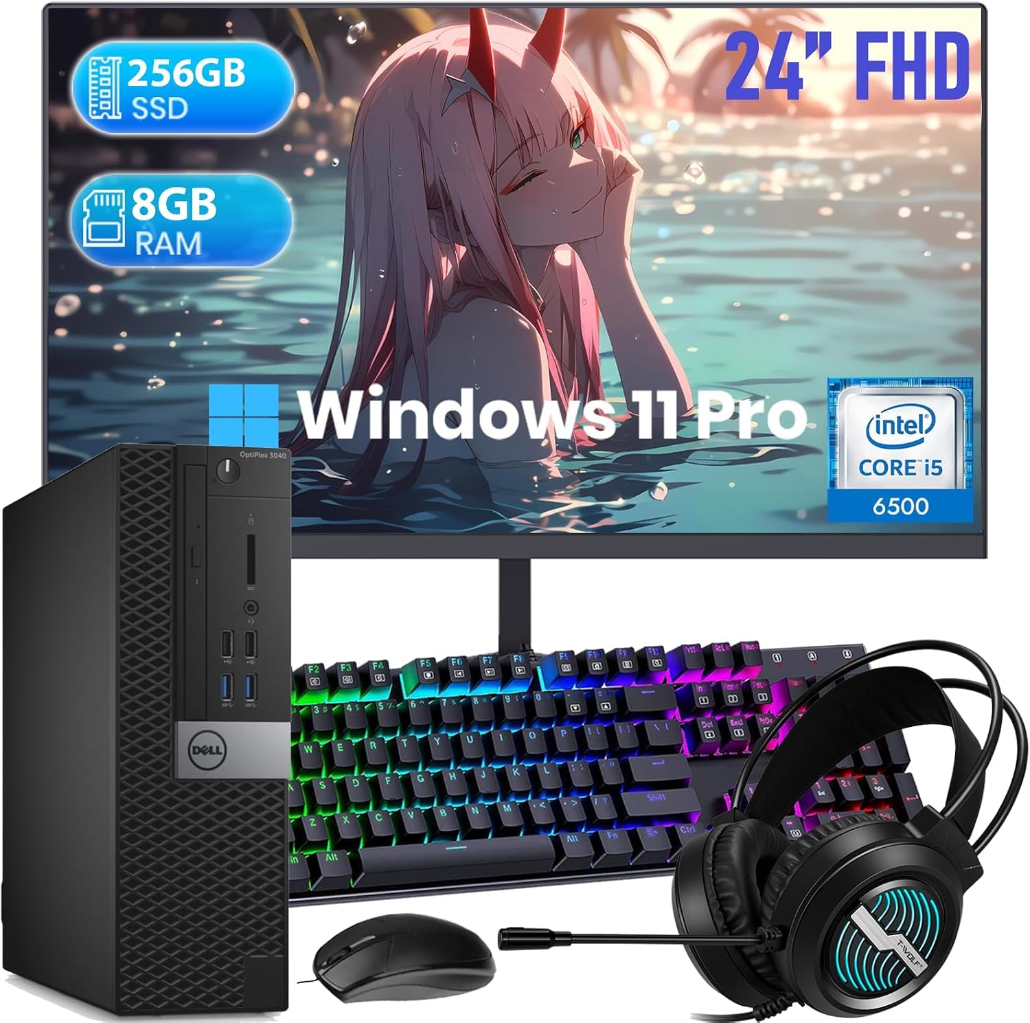 Dell OptiPlex 3040 SFF Desktop PC Computer with 24' FHD Monitor, Core i5-6500, 8GB RAM, 256GB SSD, Displayport, Headphone, Keyboard & Mouse, Windows 11 Pro (Renewed)