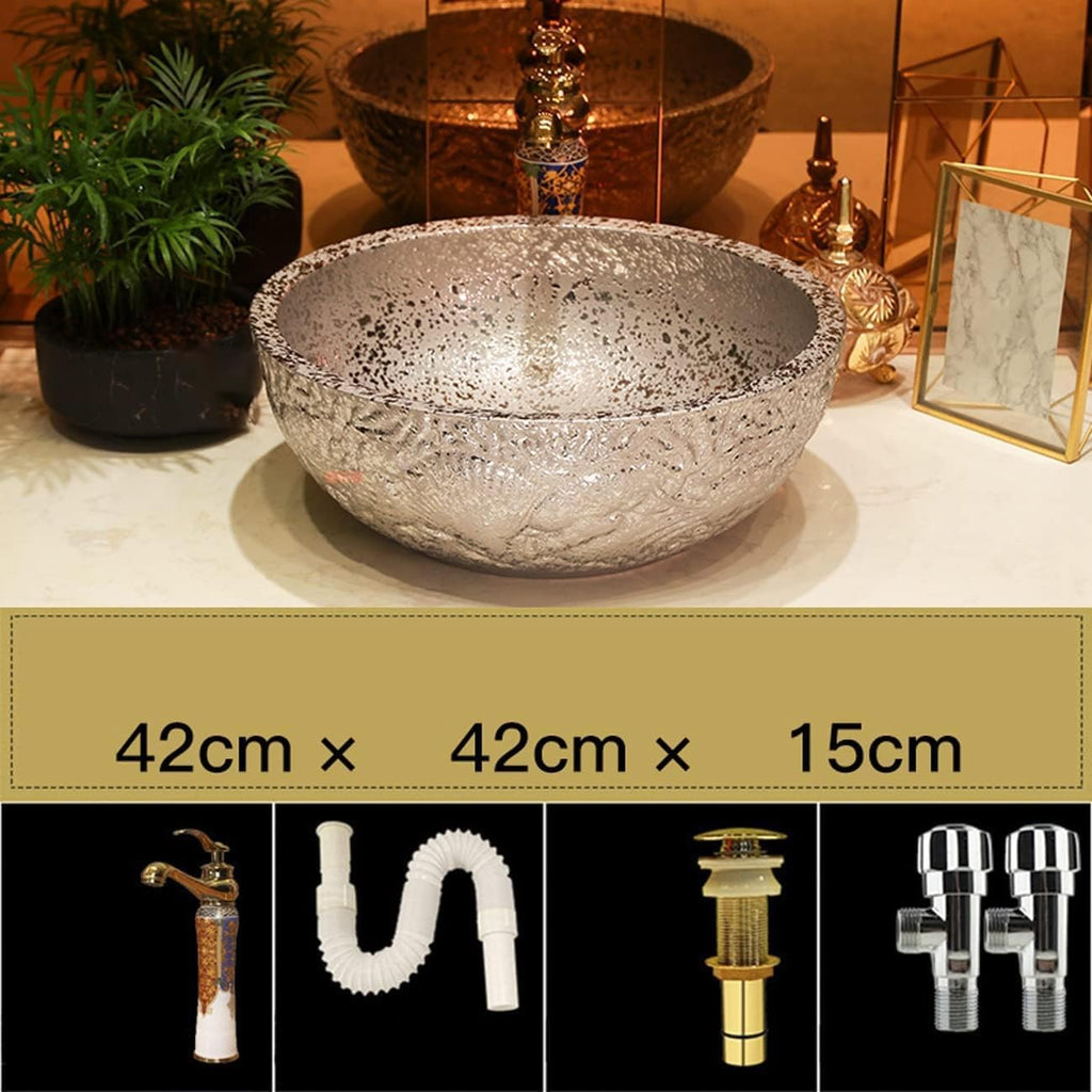 Round Vessel Sink,Modern Bathroom Artistic Porcelain Vessel Bowl with Faucet Pop-Up Drain,Gold-Silver