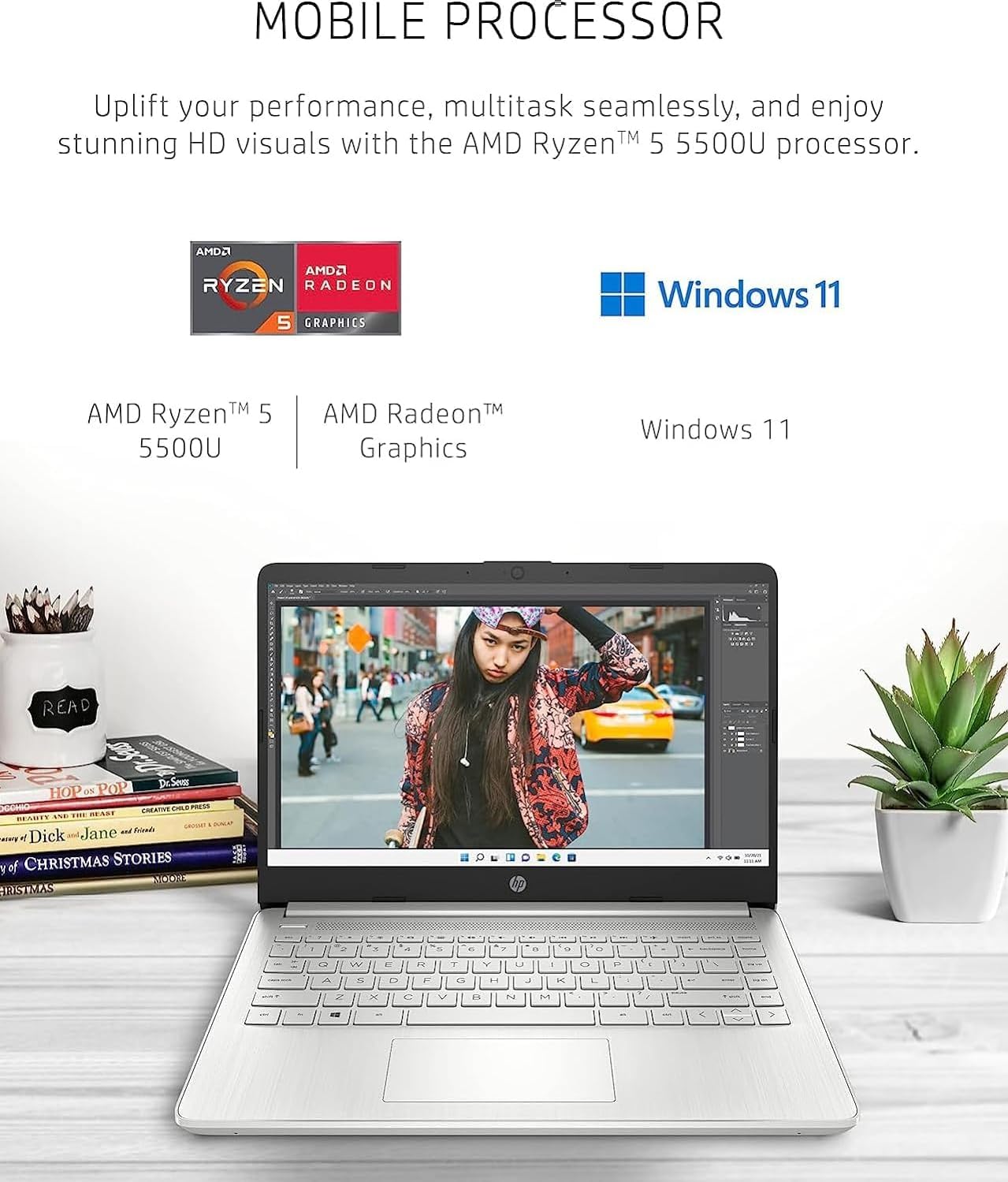HP 14' HD Laptop, AMD Ryzen 5 5500U Hexa-Core Processor, 16GB RAM 512GB PCIe SSD, Bluetooth, Webcam, WiFi, SD Media Card Reader, Windows 11 Home, Natural Silver
