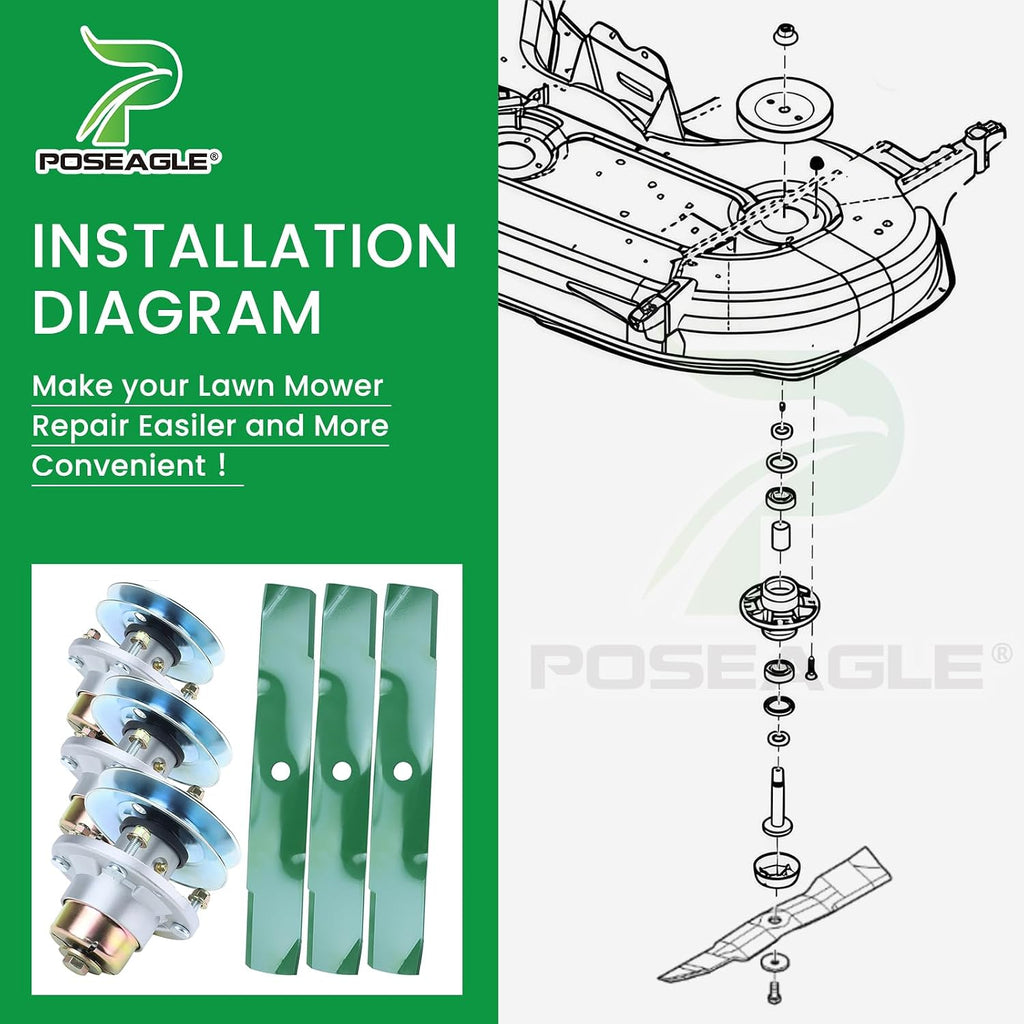 Deck Rebuild Kit for John Deere Z355E X350 X380 X580 X390 X570 X590 X370 X354 X584 X384 Includes 3 Pack AM144608 Spindle Assembly with UC20697 Spindle Pulley UC22009 Blade