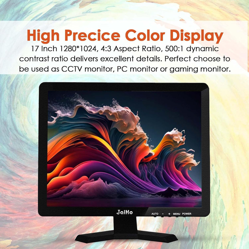 JaiHo 17-Inch 4:3 Security Monitor, 1280x1024 No Image Stretching CCTV Screen with Metal Housing, BNC HDMI VGA AV USB Input, Industrial Display with Built-in Speakers Remote Control & VESA Mount