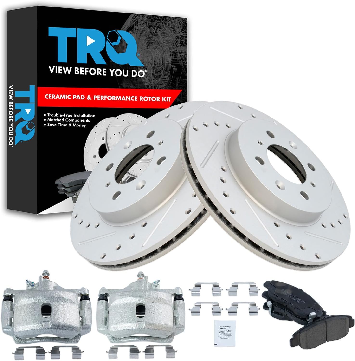 TRQ Performance Front Brake Pad and Rotor Set Ceramic Coated Drilled Slotted Vented Rotors Calipers Compatible with 1996-2005 Honda Civic 2010-2014 Insight