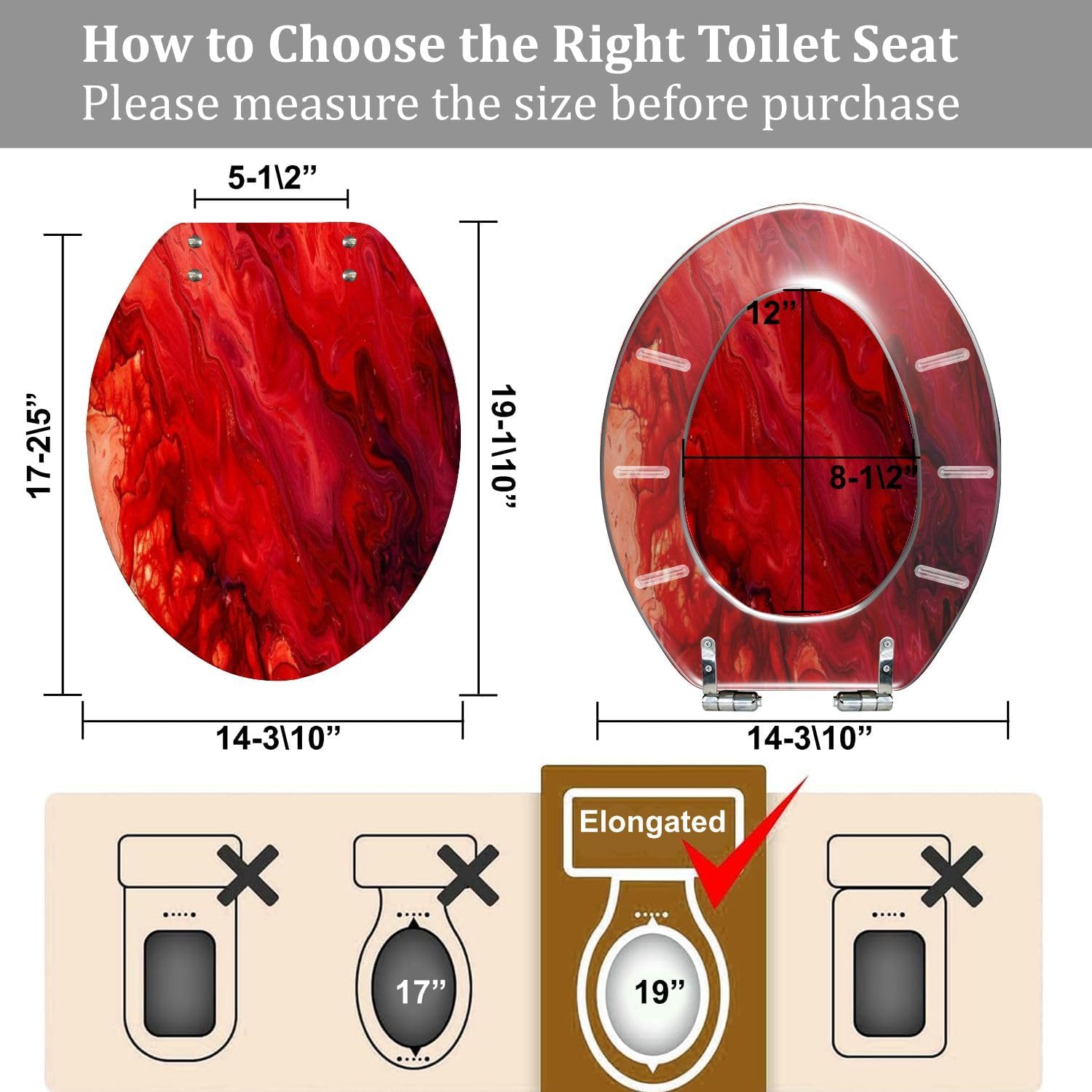 Elongated Toilet Seat abstract red paint acrylic marble mix Resin Toilet Seat Quietly Close Quick Release Hinges Decorative Toilet Seat with Cover Easy to Install, Style 6