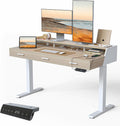FEZIBO Electric Standing Desk 55x26 Inches with 3 Wood Drawers and Monitor Shelf, Height Adjustable Computer Desk, Ergonomic Rising Home Office Desks, Sit Stand Up Workstation Table, Light Walnut
