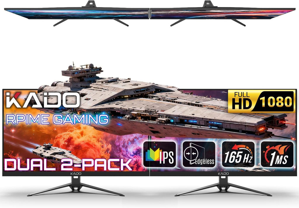 Kado Dual Gaming Monitor Setup - 2-Pack 24' 165Hz 1ms 1920x1080 Flat Screen Computer Monitor, Parallel Gaming AMD FreeSync Premium Panoramic, VESA Mount HDMI DisplayPort Built-in Speakers