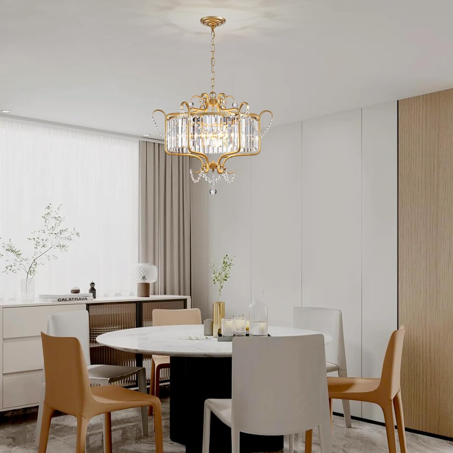 Modern Crystal Chandelier for Dining Room 24' Large Gold 6-Light Farmhouse Pendant Lighting Fixtures for Living Room Kitchen Island Hallway Bedroom Foyer