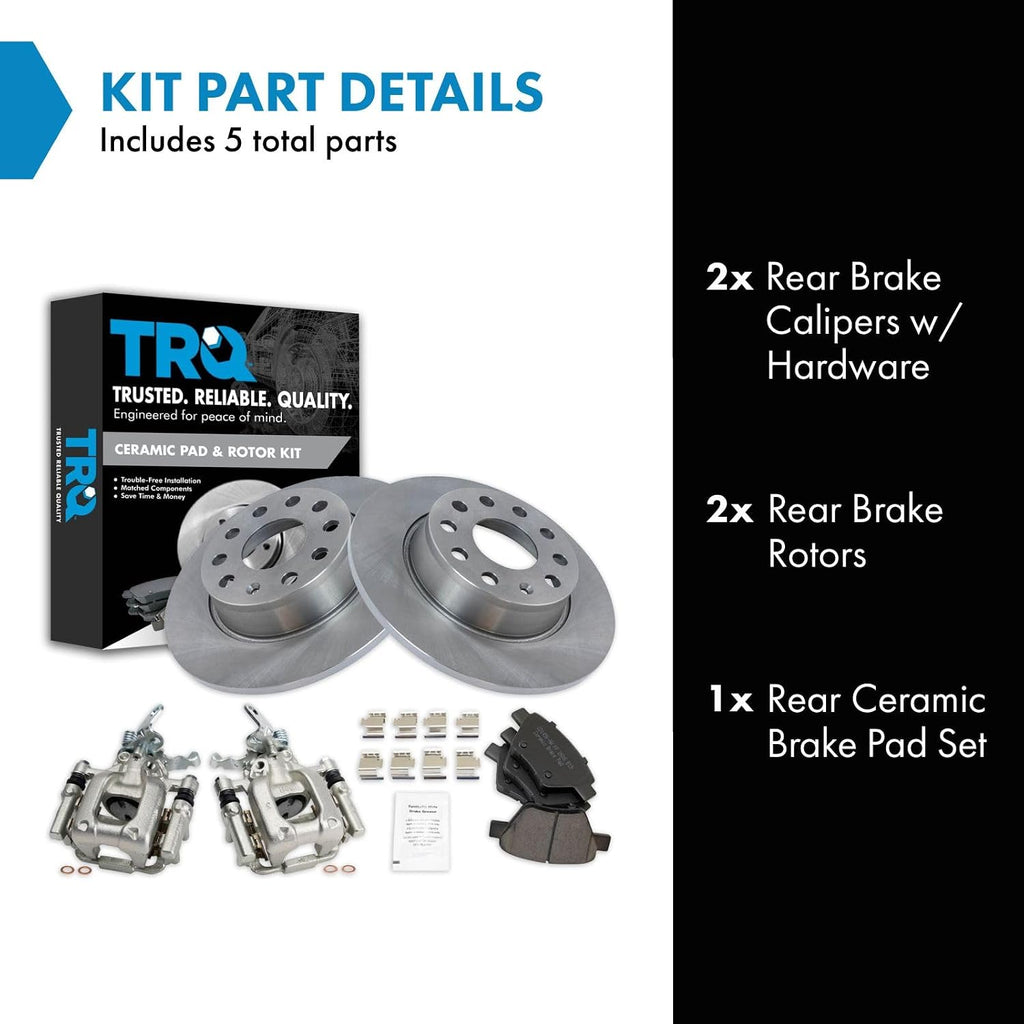 TRQ Rear Brake Pad and Rotor Set Ceramic Solid Rotors Calipers Compatible with 2010-2013 Audi A3 A3 Quattro 2011-2016 Volkswagen Eos 2012 Beetle 2010-2014 Golf Jetta 2012-2015 Passat 2012-2013 GTI
