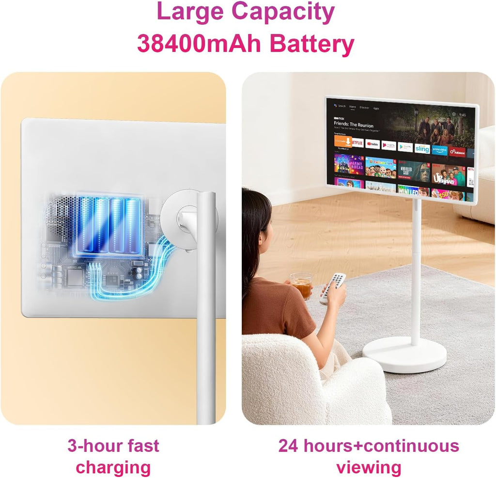 VLH 32″ FHD Smart Portable TV, Rolling TV On Wheels,8G +128GB Storage, Android 15 OS,Google EDLA-Certified,Portable Touch Screen Monitor,Built-in 38400mAh Battery,Removable 500W Camera, Remote Control