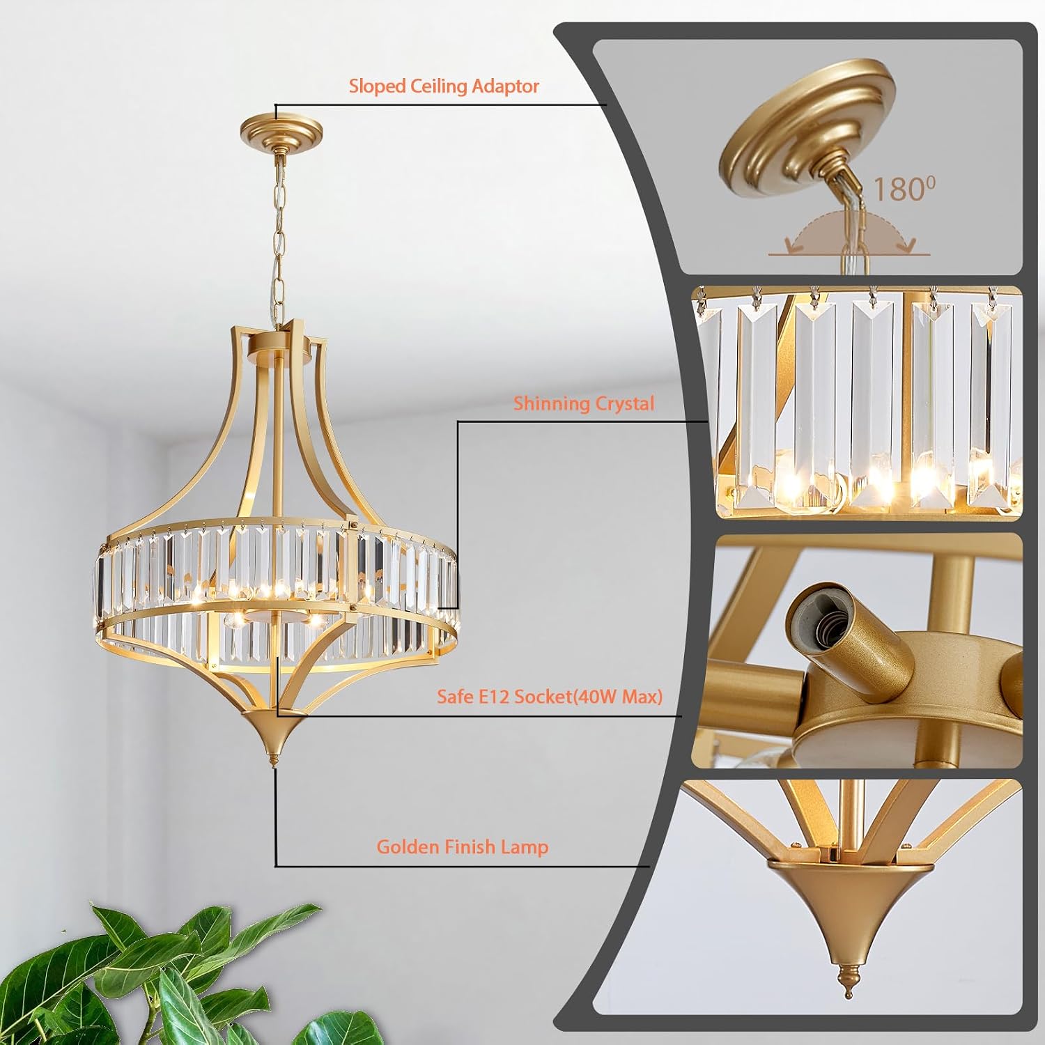Crystal Chandeliers for Dining Room 21.6' Rustic Farmhouse Chandelier with Round Metal Shade 6-Light Large Gold Dining Room Light Fixture for Kitchen, Hallway, Bedroom, Foyer