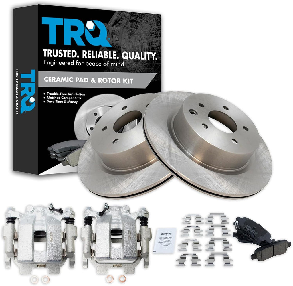 TRQ Rear Brake Pad and Rotor Set Ceramic Vented Rotors Calipers Compatible with 2011-2012 Infiniti G25 2011-2013 G37 2015 Q40 2010-2019 Nissan 370Z
