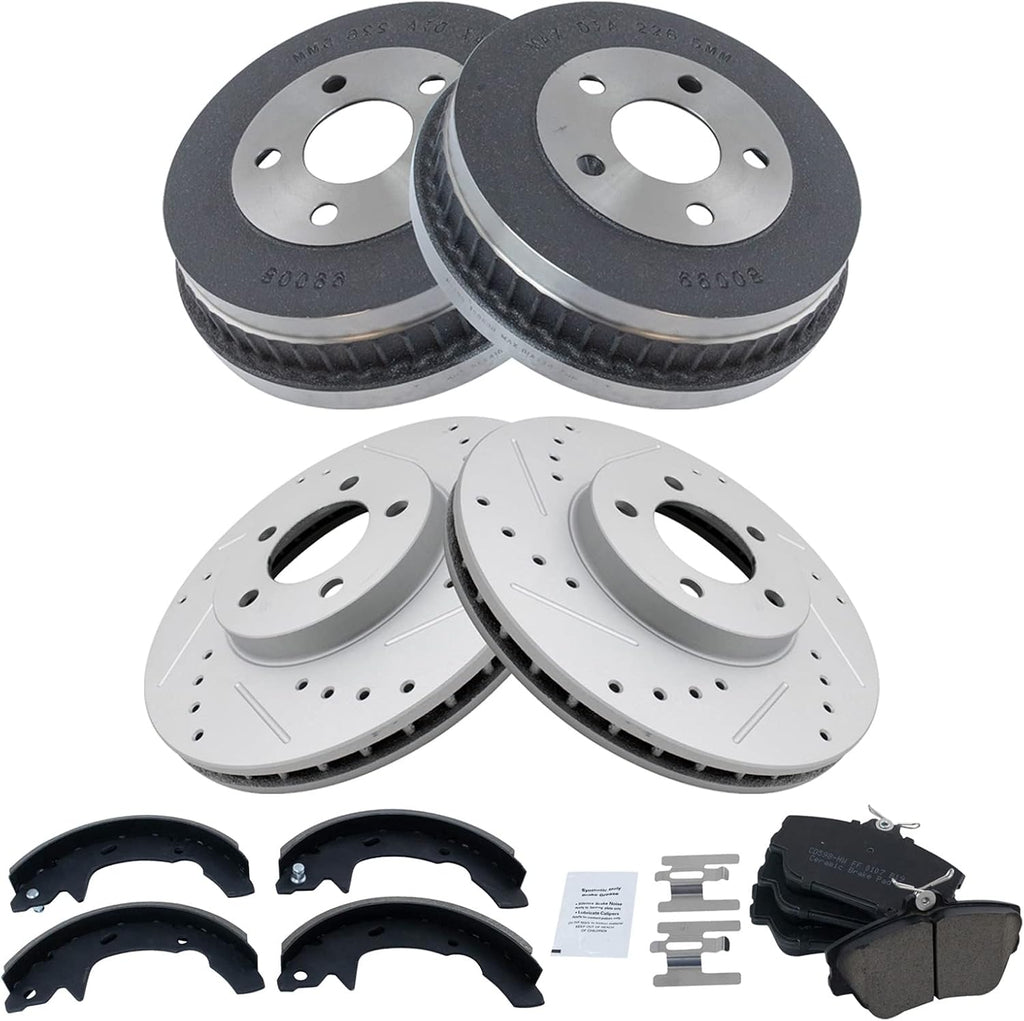 TRQ Front & Rear Ceramic Brake Pad Performance Rotor Shoes & Drum Kit Compatible with Ford