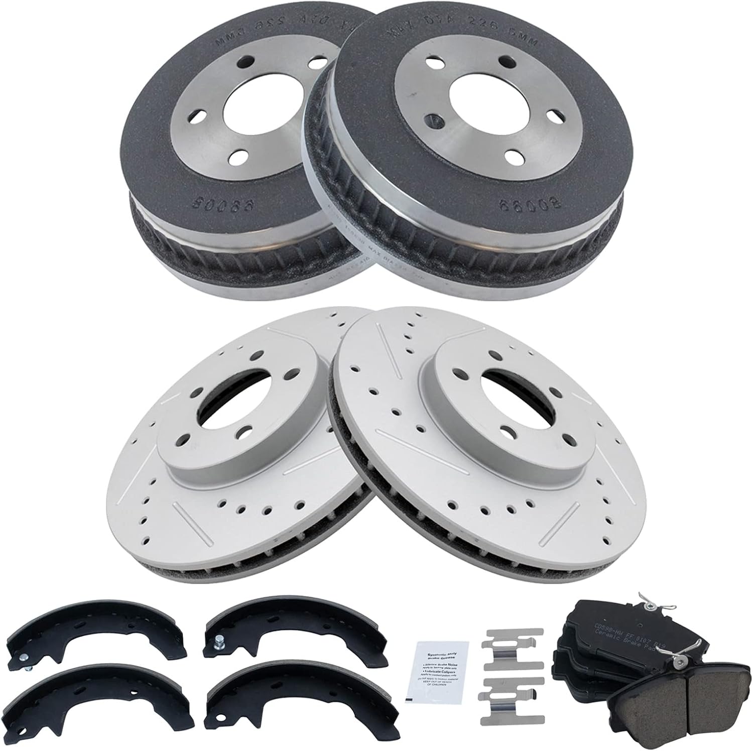 TRQ Front & Rear Ceramic Brake Pad Performance Rotor Shoes & Drum Kit Compatible with Ford