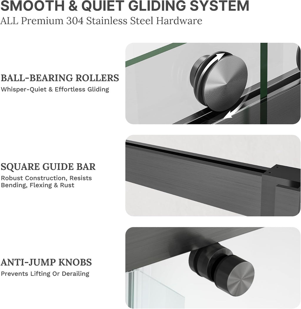 DEBOX Frameless Double Sliding Shower Door, 50-55' W x 76' H, 3/8' (10mm) SGCC Clear Tempered Glass, Adjustable Width, Square Rail, Double Towel Bars, Gunmetal