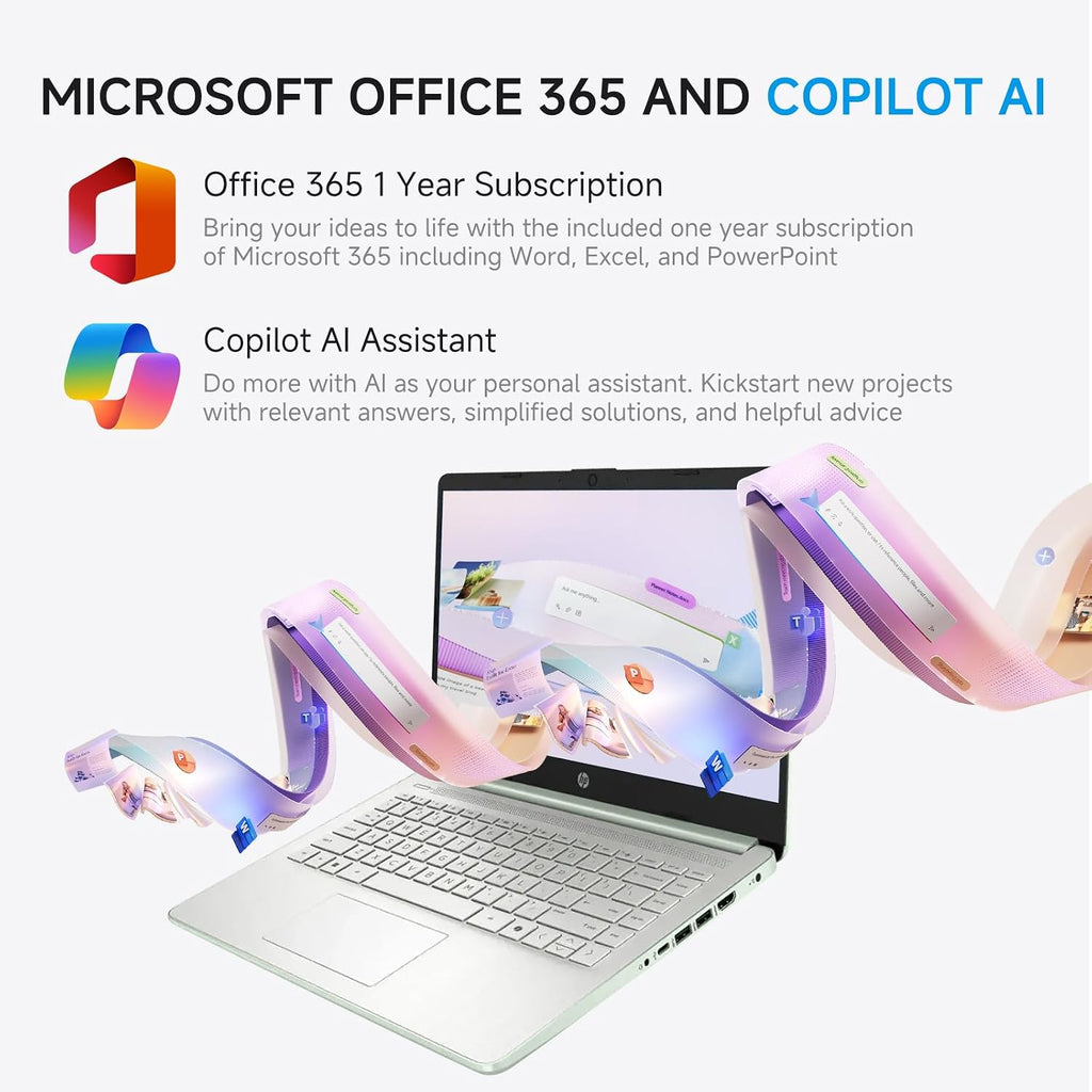 HP 2026 14' Laptop Computer with Copilot AI, Intel N150, 16 GB RAM, 512 GB Storage(128GB UFS+256GB MSD+128GB UFD), 1-Year Office 365, WiFi 6, Ultra Light, Portable, Windows 11 Pro, Willow Green