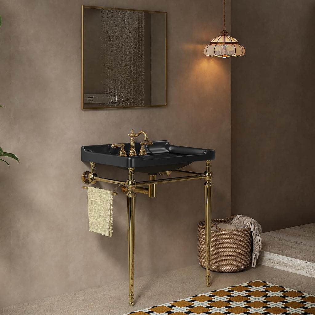 28' Free Standing Bathroom Vanity with Stainless Steel Brushed Gold Supporting Leg and Towel Rack, Black Bathroom Console Sink with 3 Tap Holes, Black