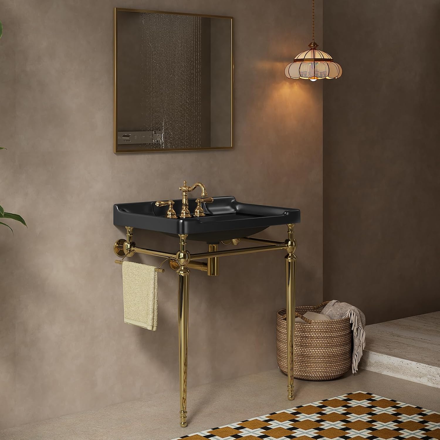 28' Free Standing Bathroom Vanity with Stainless Steel Brushed Gold Supporting Leg and Towel Rack, Black Bathroom Console Sink with 3 Tap Holes, Black