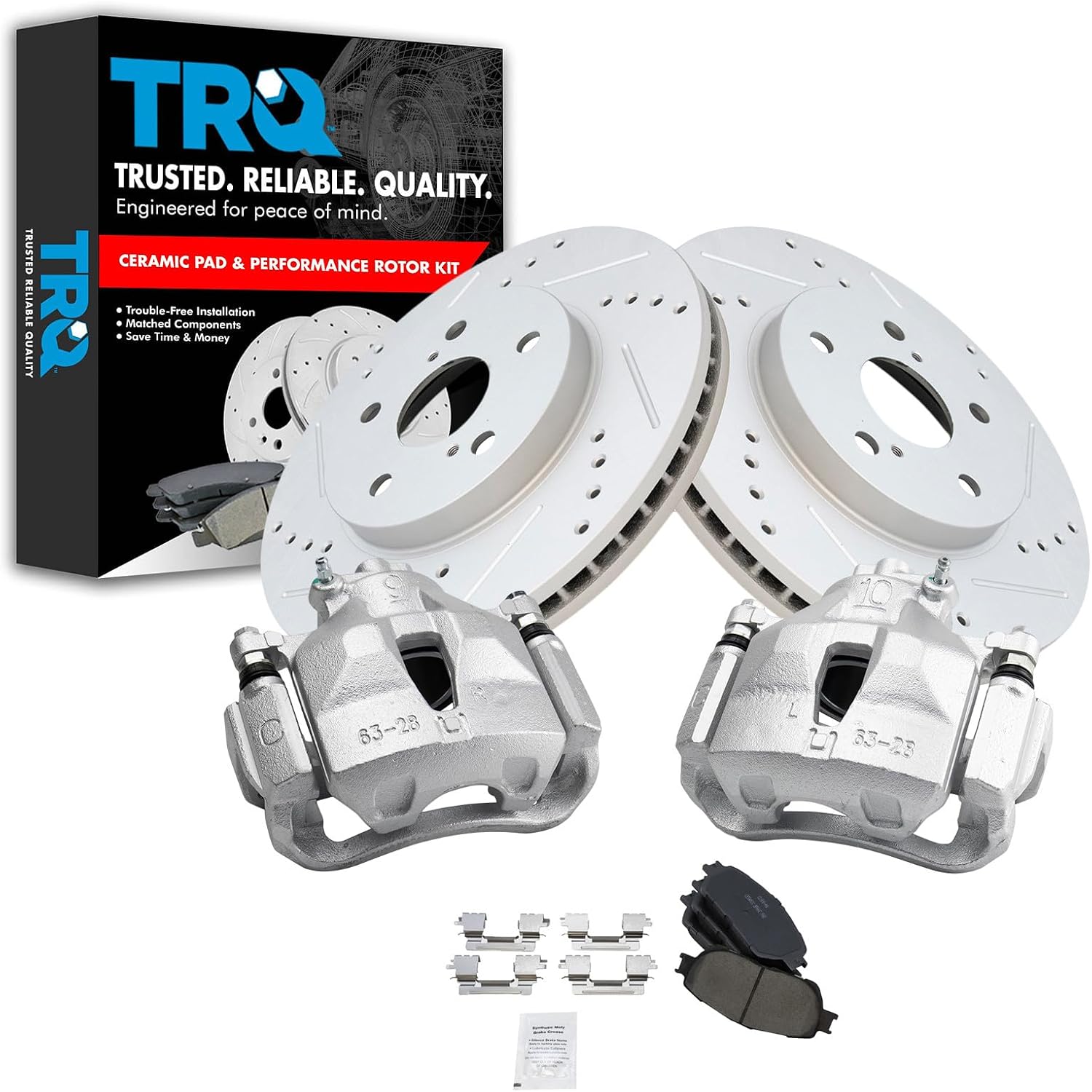 TRQ Performance Front Brake Pad and Rotor Set Ceramic Drilled Slotted Coated Vented Rotors Calipers Compatible with 2004-2010 Toyota Sienna 2005-2007 Avalon 2005-2006 Camry 2004-2008 Solara