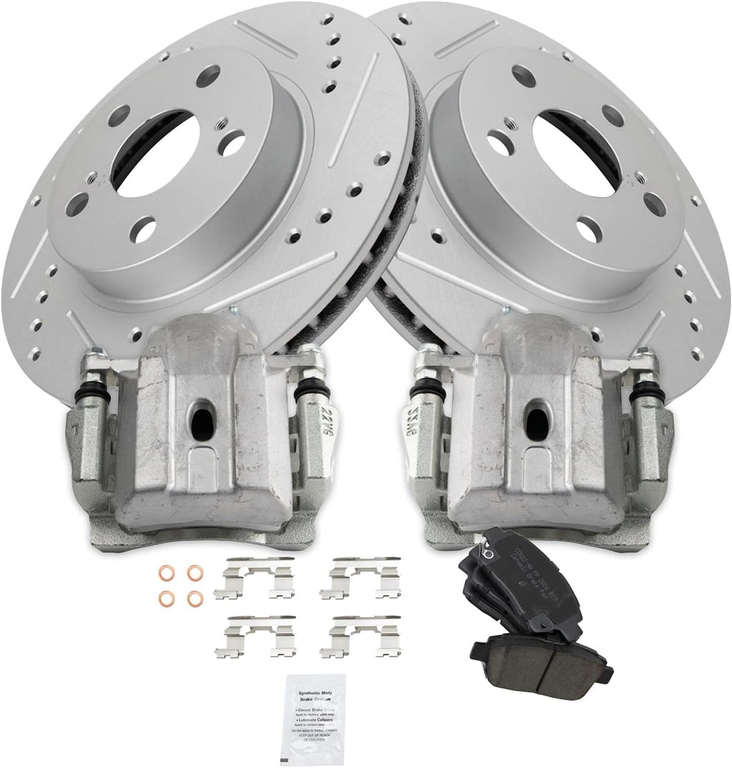 TRQ Performance Front Brake Pad and Rotor Set Ceramic Coated Drilled Slotted Rotors Calipers Compatible with 2004-2008 Toyota Prius