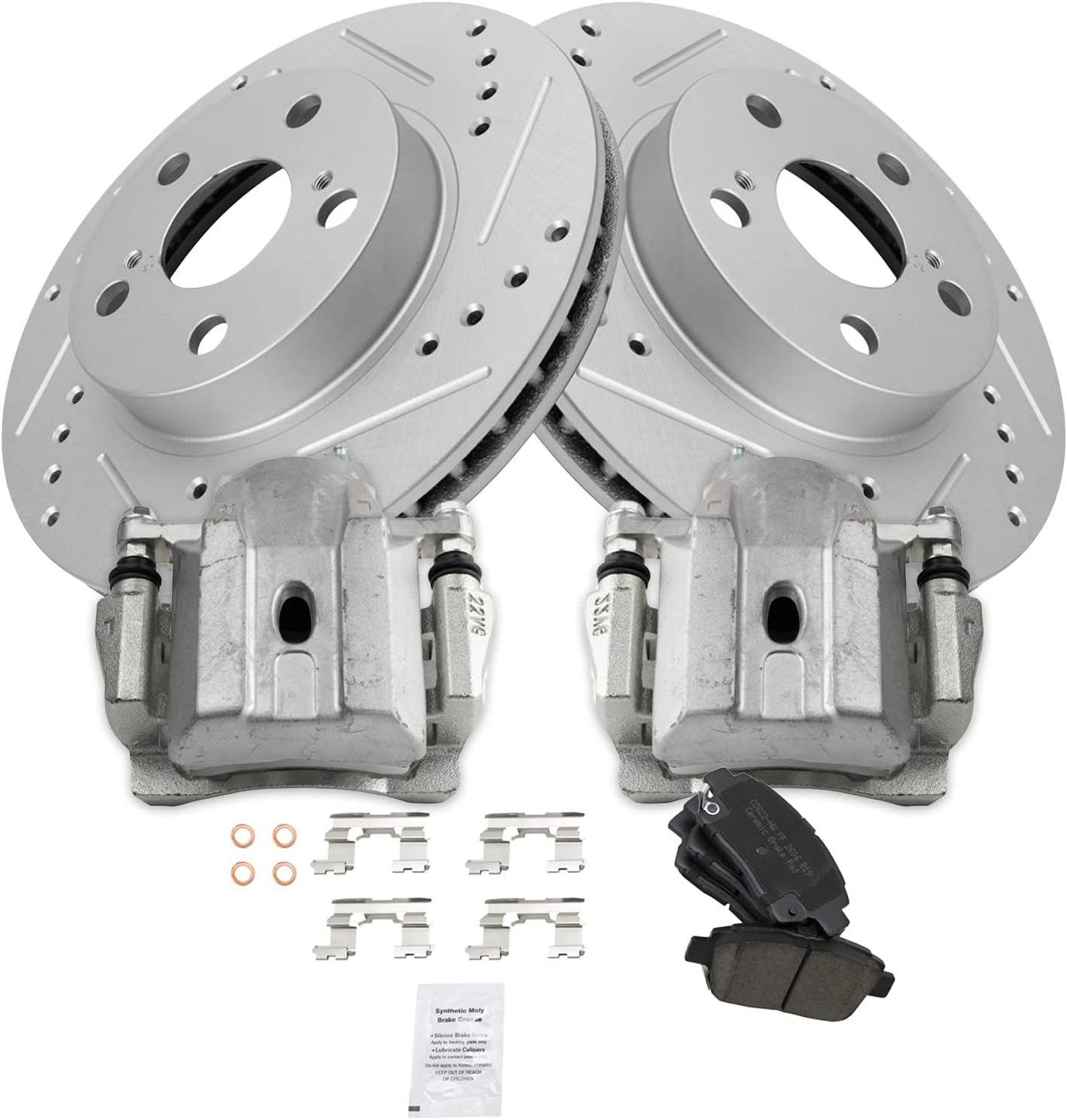 TRQ Performance Front Brake Pad and Rotor Set Ceramic Coated Drilled Slotted Rotors Calipers Compatible with 2004-2008 Toyota Prius