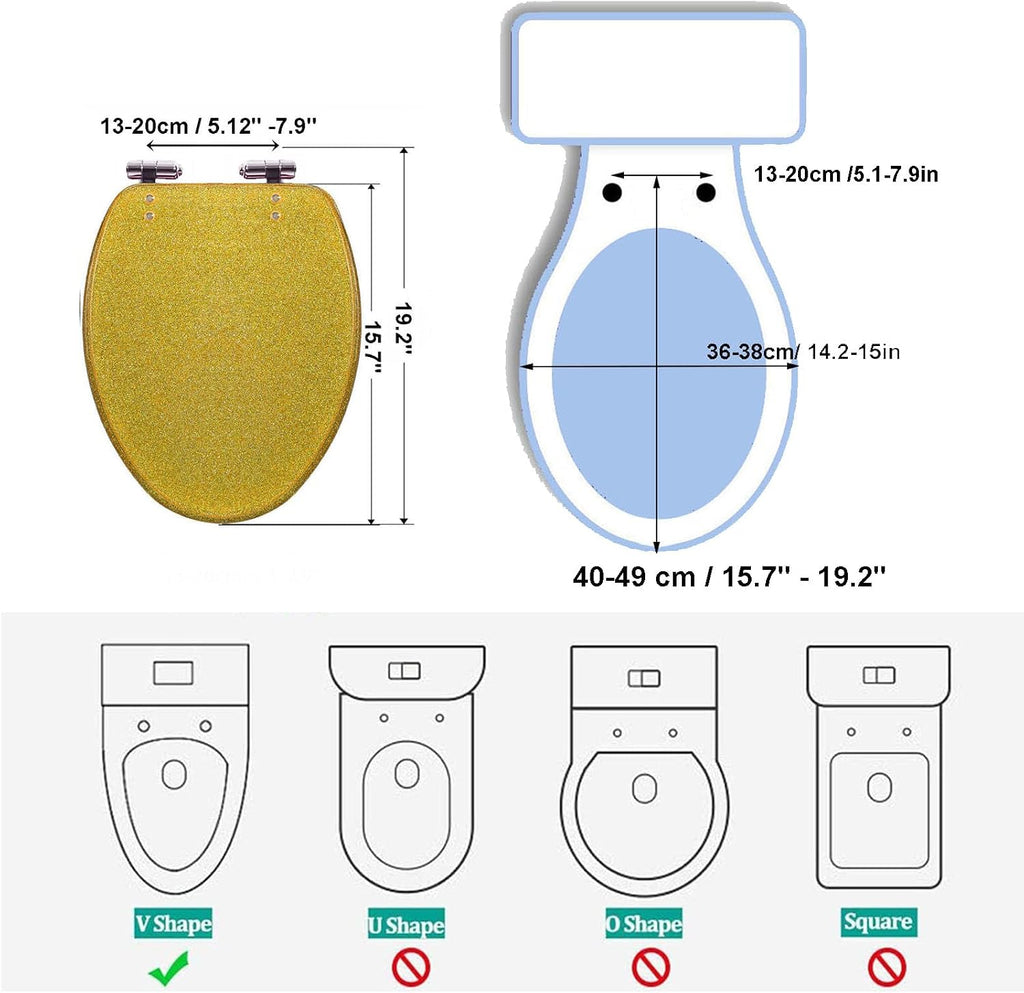 Glitter Toilet Seat Soft Close Elongated Toilet Seat 36.5 * 44Cm Resin Toilet Seat with Adjustable Hinges, Easy to Install Also Easy to Clean,Gold(Gold)