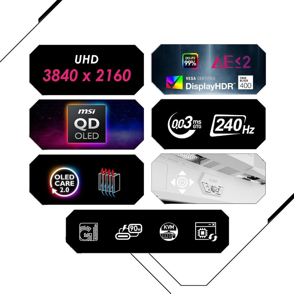 msi MPG 321URXW QD-OLED 31.5 Inch 4K UHD Gaming Monitor - 3840 x 2160 Quantum Dot OLED Panel, 240Hz / 0.03ms, 99% DCI-P3, ΔE≤2, DisplayHDR True Black 400, KVM, RGB - DP 1.4a, HDMI 2.1, USB Type-C 98W