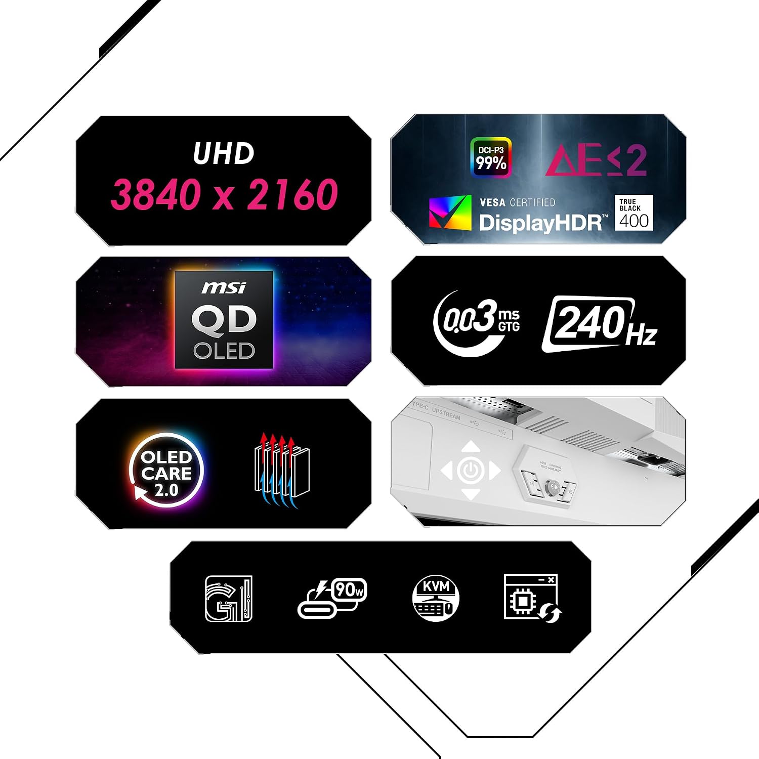 msi MPG 321URXW QD-OLED 31.5 Inch 4K UHD Gaming Monitor - 3840 x 2160 Quantum Dot OLED Panel, 240Hz / 0.03ms, 99% DCI-P3, ΔE≤2, DisplayHDR True Black 400, KVM, RGB - DP 1.4a, HDMI 2.1, USB Type-C 98W