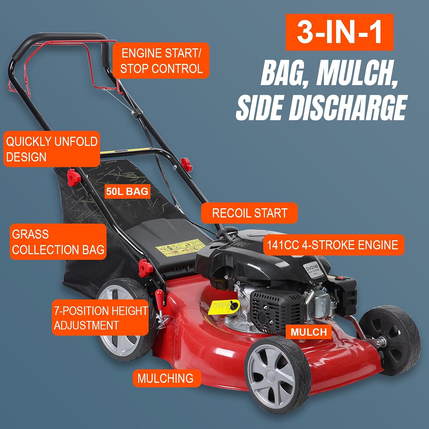3 in 1 Gas Lawn Mower 141cc - Self Propelled Lawnmower & Walk-Behind Gas Push Mower Dual Option, with 50l Grass Bag Big Wheels, Lawn Mower Gas, Gas Mower for All Season Landscaping (Upgraded 01)