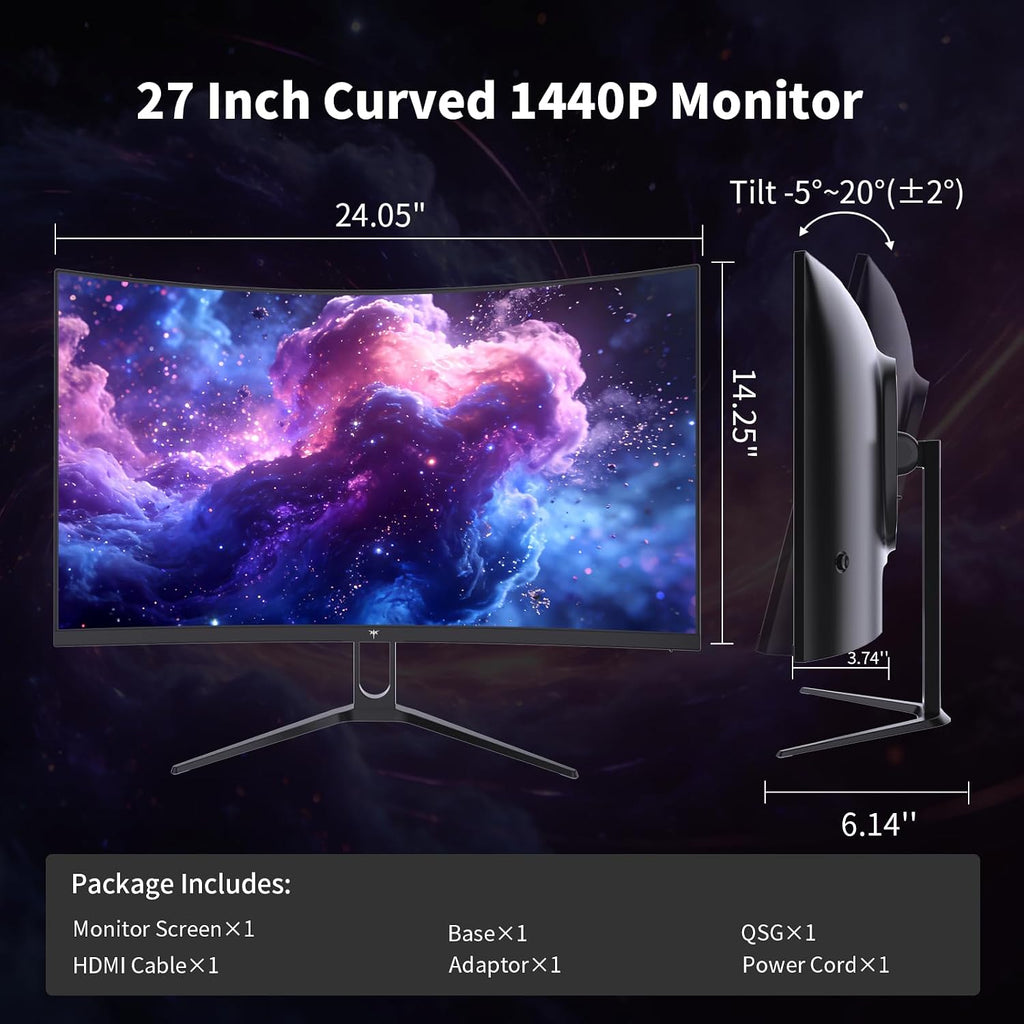 KTC H27S5C 27' Curved Gaming Monitor, 1440P QHD 144Hz 120Hz Monitor, 1500R HVA Panel, HDR400, Adaptive Sync, 400nits, HDMI 2.0 x2, DP 1.4, VESA 100x100 PC Monitor