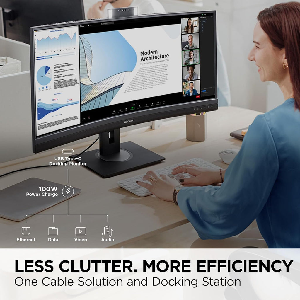 ViewSonic VG3457CV 34 Inch 1440p Ultrawide Docking Monitor, Curved IPS with Windows Hello IR Webcam Compatibility for Smooth Video Conferencing, Full Ergonomic Adjustability, 100W USB-C, and HDMI