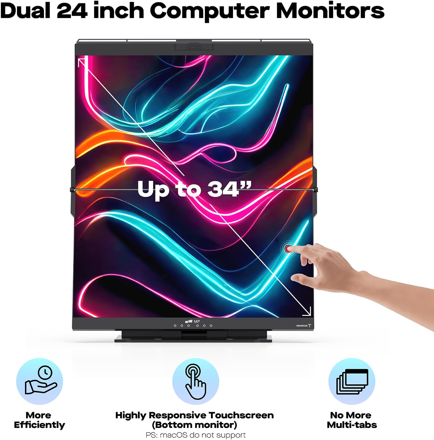 Mobile Pixels Geminos T (2 x 24 inch) Dual Stacked Computer Monitor with All-inclusive Workstation, 65W USB-C Charging Touchscreen, 1080P Webcam&Speakers, USB-A/USB-C/HDMI, Ergo Design (2 Monitors)