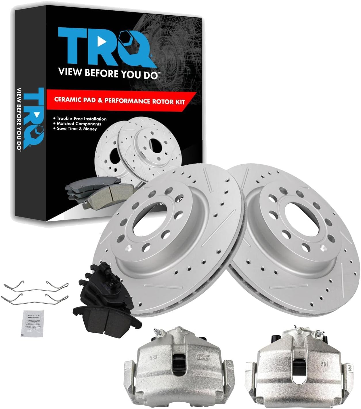 TRQ Performance Front Brake Pad and Rotor Set Ceramic Vented Coated Rotors Calipers Compatible with 2013 Volkswagen GTI 2011 Jetta