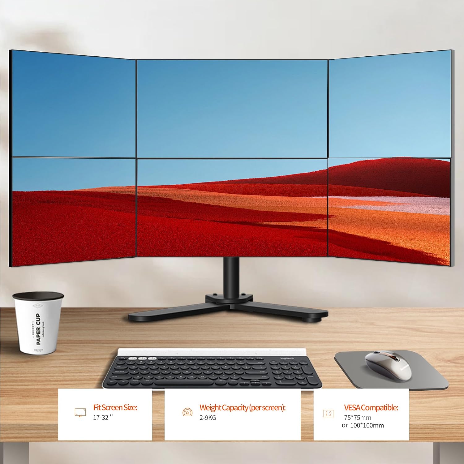 Hex Six Monitor Desk Mount Arm, 6 Screen Fully Adjustable Bracket Stand Fits Screens up to 32 inch, 19.8 lbs Weight Capacity per Screen, Black HLX35JX-6P