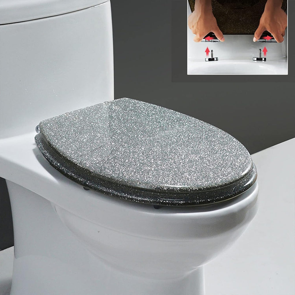 Gold Toilet Seat, Resin Toilet Seat, Elongated Toilet Seat Slow Close Glitter Toilet Seat, Soft Close Bathroom Toilet Lid, Easy to Clean & Install,Gold,Silver